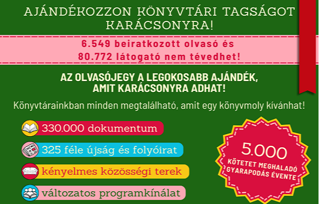 Ajándékozzon könyvtári tagságot!
Ajándékozzon könyvtári tagságot!